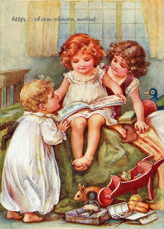 Вінтажна ілюстрація: троє дітей читають різдвяну книжку на ліжку серед іграшок.