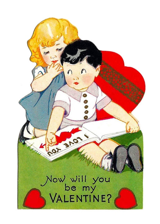 Vintage Valentine postcard of two children reading a book with I Love You printed across the page