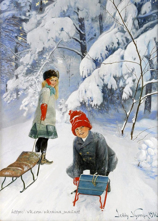 Jenny-Nyström-Illustration von 1910: zwei Kinder beim Schlittenfahren im Winterwald