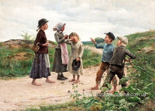 Gemälde von Fanny Brate: weinendes Mädchen und zeigender Junge inmitten von fünf Kindern auf dem Sandweg