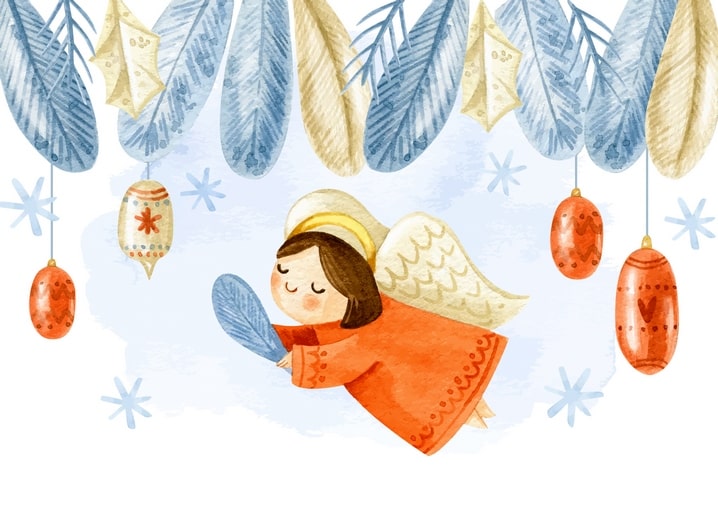 Aquarell-Engel fliegt unter Tannenzweigen zwischen Christbaumkugeln und Schneeflocken