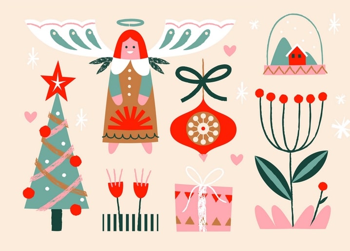 Weihnachts-Icons: rothaariger Engel, Schneekugel, Geschenk und Beerenzweig auf cremefarbenem Grund