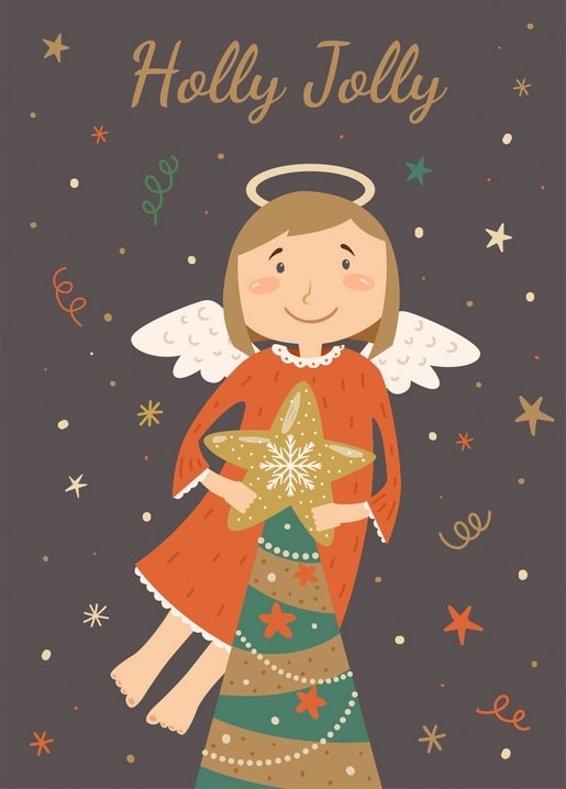 Engel im roten Kleid hält Stern, Silhouette wie ein Weihnachtsbaum, Sternenhimmel, Schriftzug „Holly Jolly“.