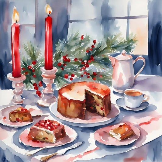 Aquarellmalerei von Weihnachtskuchen, Tee und roten Kerzen auf einem Tisch