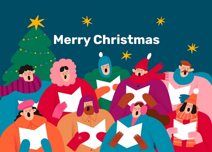 Weihnachtschor in Schals singt unter einem sternenübersäten Himmel