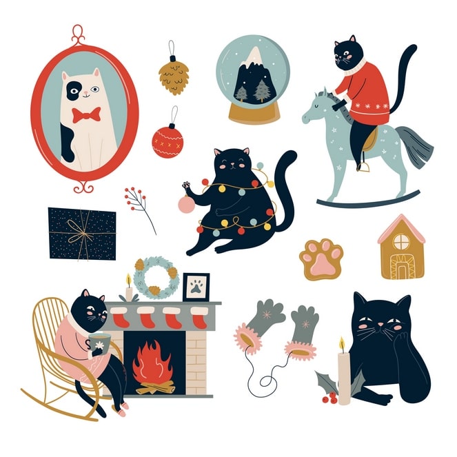 Illustrierte schwarz-weiße Katzen feiern Weihnachten am Kamin und Schaukelpferd