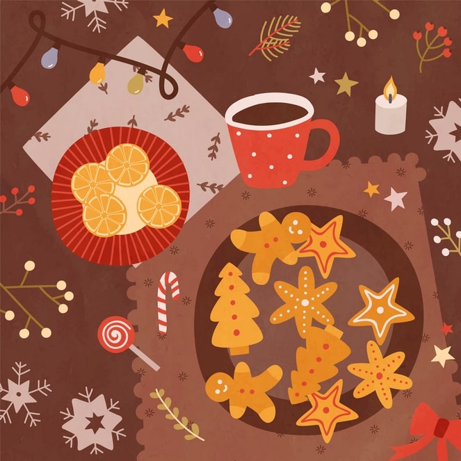 Weihnachtstisch von oben mit Kakaotasse, Orangenscheiben und Lebkuchenplätzchen