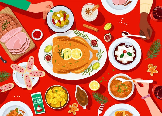 Top-down view of a Christmas dinner table with roast turkey, ham, gingerbread men, and a 'Merry Christmas' card.