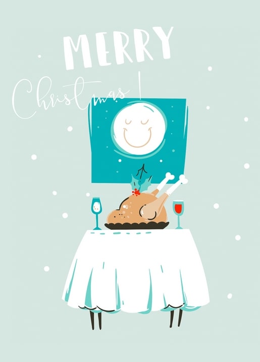 Christmas dinner table with roast turkey, two wine glasses and a smiling moon in the window