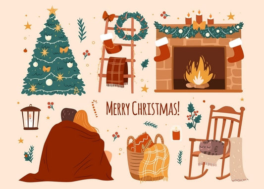 Cozy Christmas Eve illustration with fireplace, tree, and a cat asleep in a rocking chair