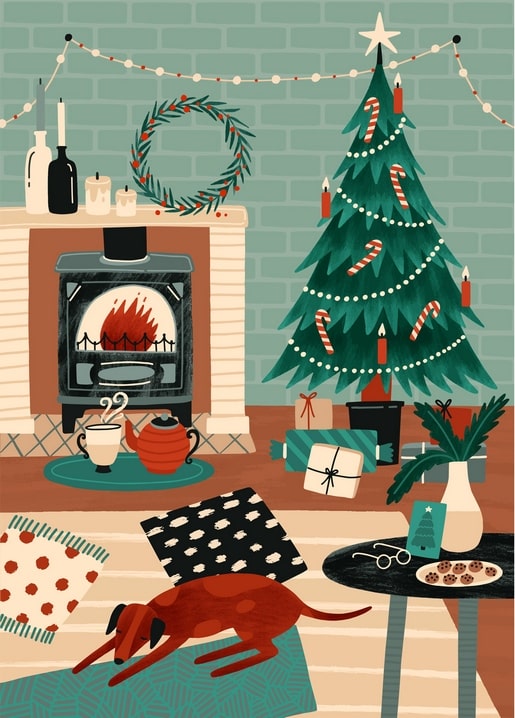 Weihnachtliches Wohnzimmer mit Kamin, Baum, Geschenken und schlafendem Hund