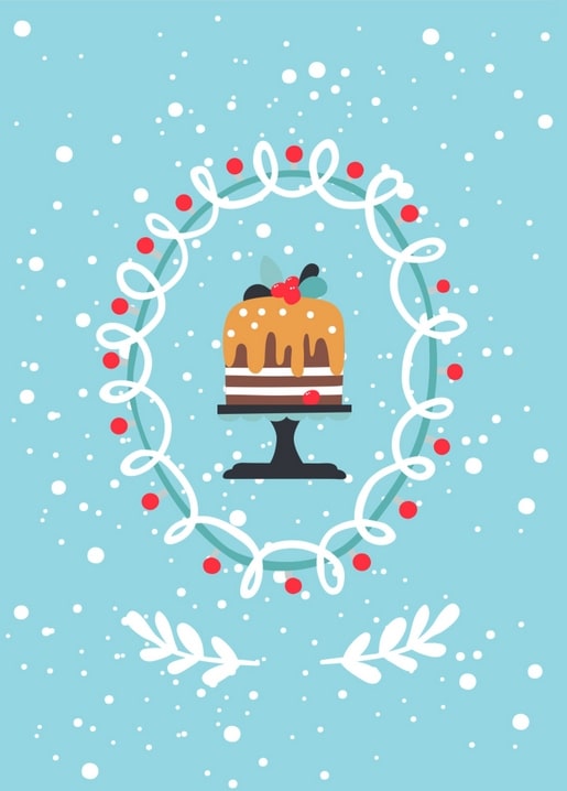Illustrated Christmas fruitcake on a stand inside a snowy berry-and-ribbon wreath