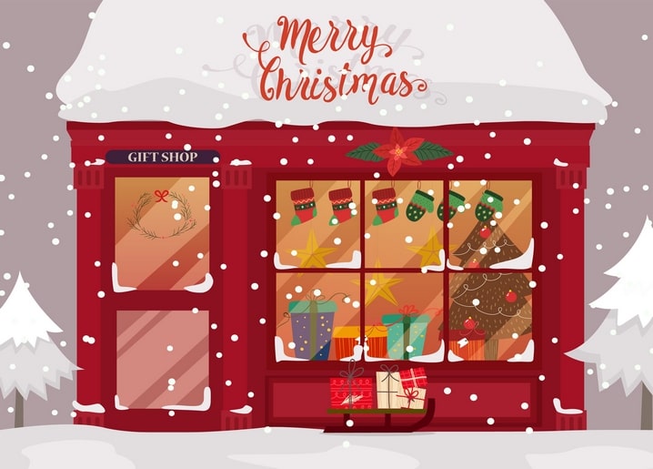 Snowy red gift shop storefront with stockings, wrapped presents and a Christmas tree in the window