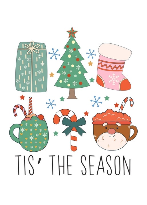 Flat-Lay mit Geschenk, Weihnachtsbaum, Strumpf, Zuckerstange und Kakaotassen