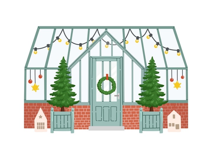Illustriertes Backstein-Gewächshaus weihnachtlich geschmückt mit Kranz, Lichterkette und Bäumen
