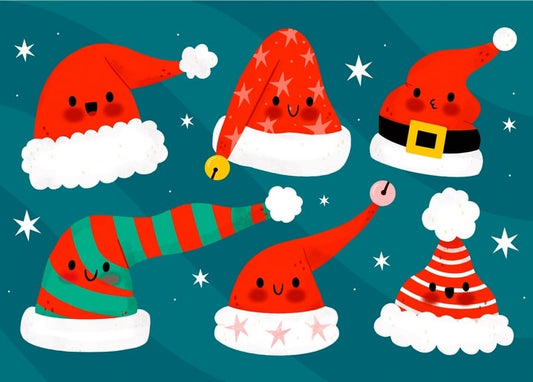 Six illustrated Christmas hats with smiling faces on a starry teal background