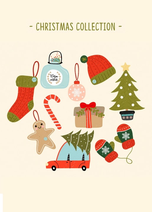 Collage aus Weihnachtsstrumpf, Schneekugel, Lebkuchenmann, Zuckerstange, Geschenk, Fäustlingen und Auto mit Baum