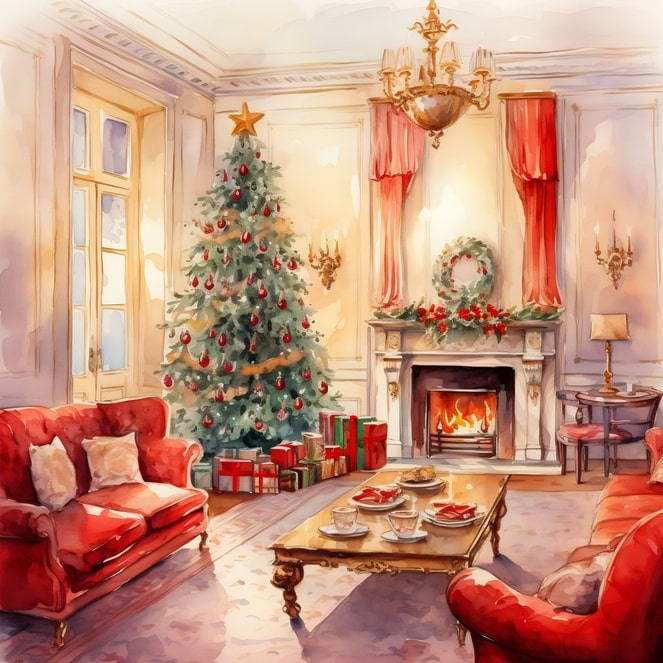 Aquarell-Illustration eines festlichen Wohnzimmers mit Weihnachtsbaum, Kamin und roten Sofas