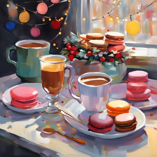 Christmas still life with pastel macarons, coffee mugs, hot chocolate, and holly under string lights