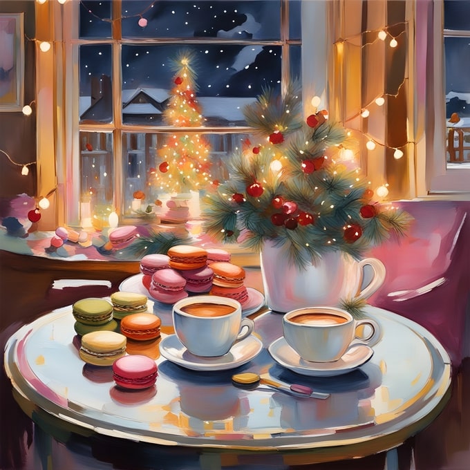 Table with pastel macarons, two cups of coffee, and a mini Christmas tree by a lit window