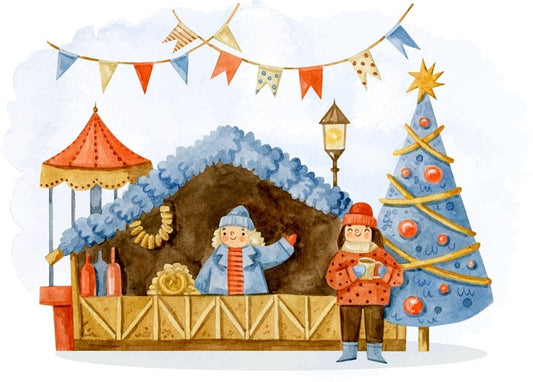 Watercolor illustration of a couple at a Christmas market stall with wine, pretzels and a decorated blue tree