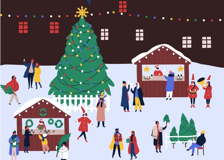 Illustrated Christmas market at night with a lit tree, wreath stalls and carolers in red uniforms