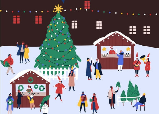 Illustrated Christmas market at night with a lit tree, wreath stalls and carolers in red uniforms