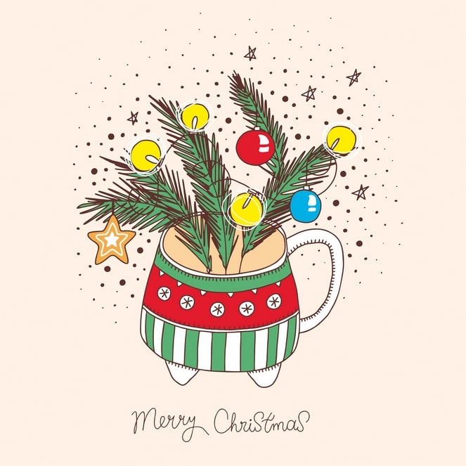 Illustrierte Tasse mit Tannenzweigen, Kugeln und Lichterkette neben einem Sternkeks und Schriftzug 'Merry Christmas'.