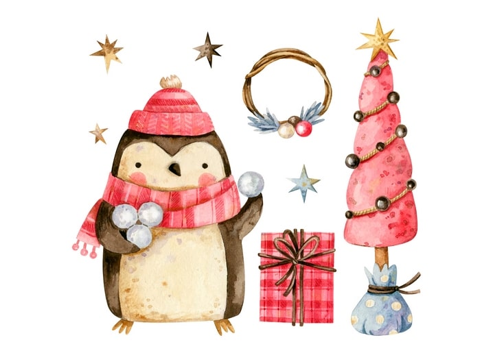 Illustrierter Pinguin mit Schneebällen neben Geschenk, Kranz und rosa Weihnachtsbaum