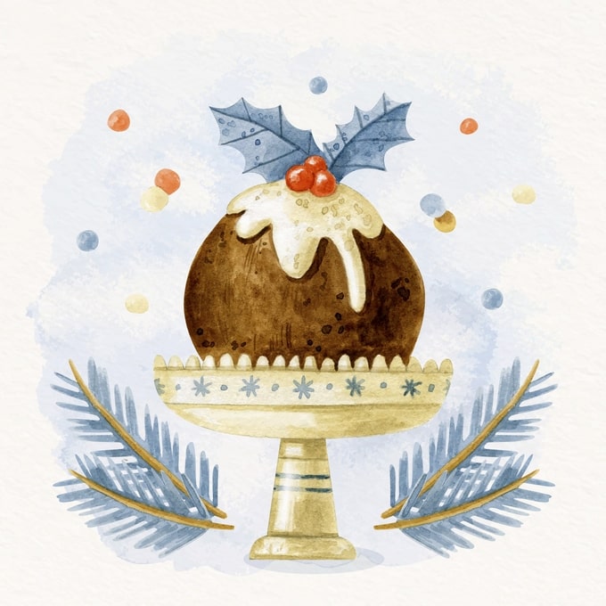 Aquarell-Weihnachtspudding mit Stechpalme auf einem Fußgestell
