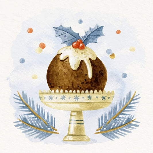Watercolor Christmas pudding with holly berries on a footed stand