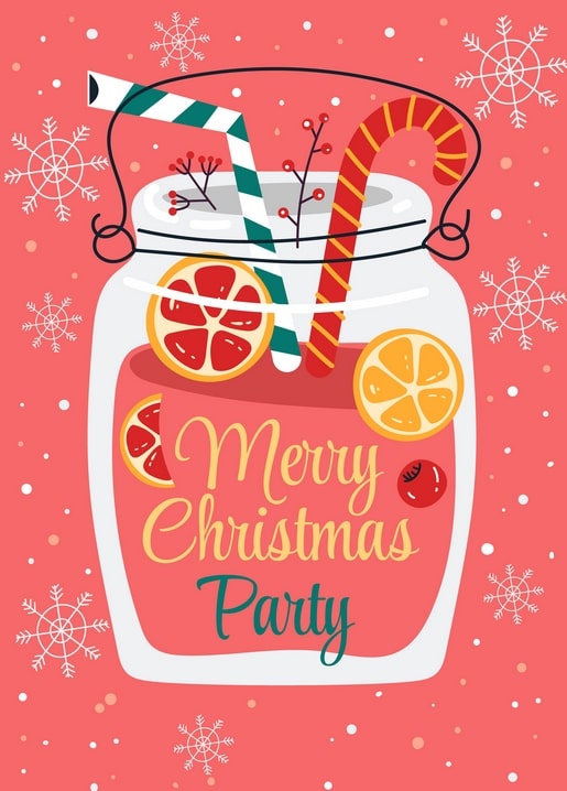 Illustrated mason jar of red Christmas punch with citrus slices and a candy-cane straw