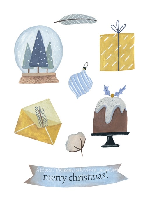 Weihnachtliche Postkarte mit Schneekugel, Geschenk, Christbaumkugel und Pudding