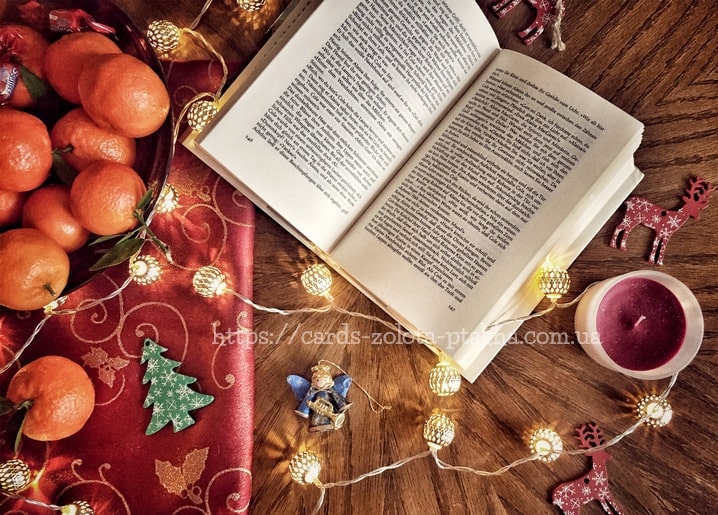 Weihnachtliches Stillleben mit Buch, Mandarinen, Lichterkette und weinroter Kerze