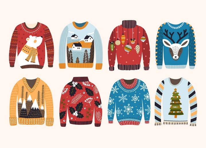 Eight illustrated Christmas sweaters with polar bear, deer, holly and snowflake patterns