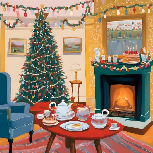 Gemütliches Wohnzimmer mit Weihnachtsbaum, Kamin und gedecktem Teetisch
