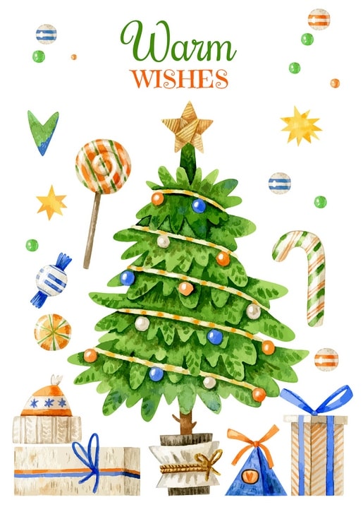 Illustrierter Weihnachtsbaum mit Schmuck, Zuckerstange, Lolli und verpackten Geschenken