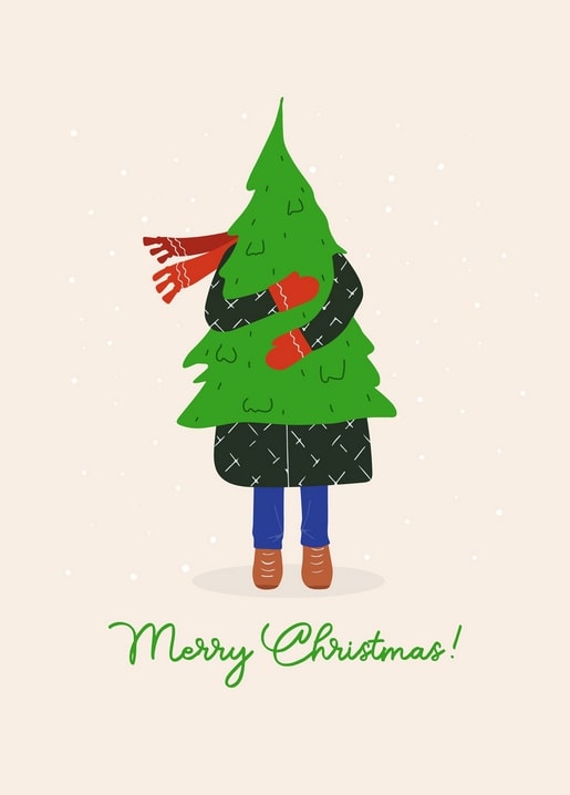 Illustrierte Figur im Weihnachtsbaum-Kostüm mit Schal und Fäustlingen, sich selbst umarmend im Schnee