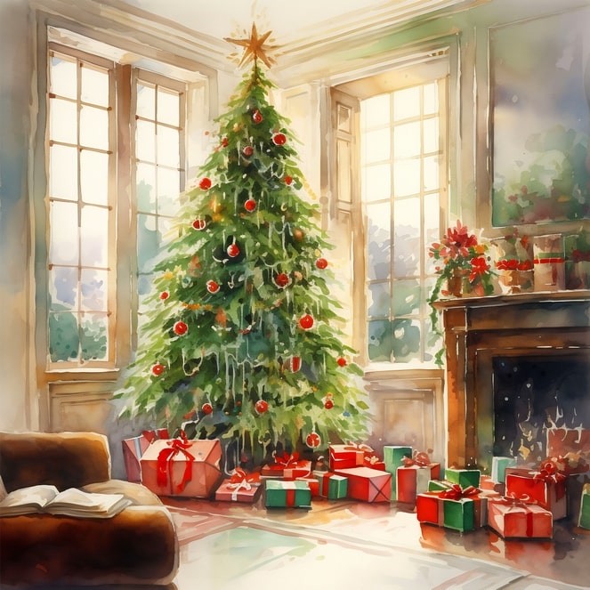 Weihnachtsbaum zwischen hohen Fenstern mit eingepackten Geschenken, Kamin und Weihnachtsstern auf dem Sims.