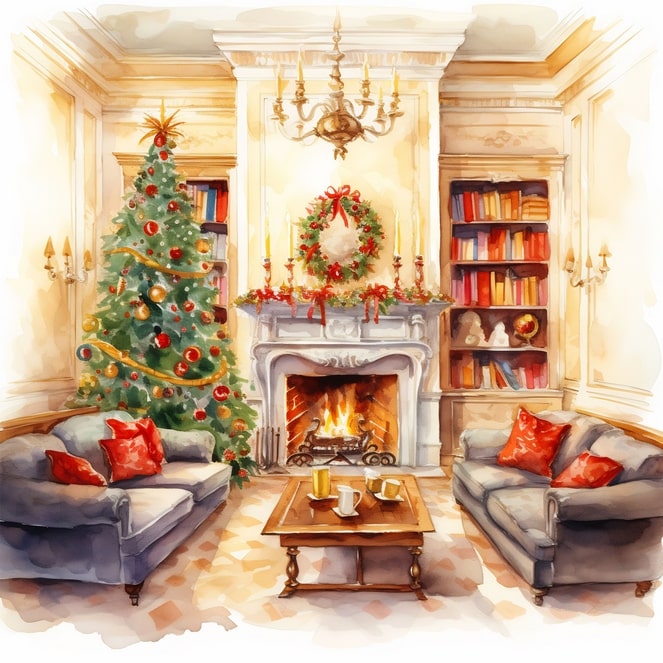 Aquarell-Weihnachtsbaum am Marmorkamin zwischen grauen Sofas mit Teeservice