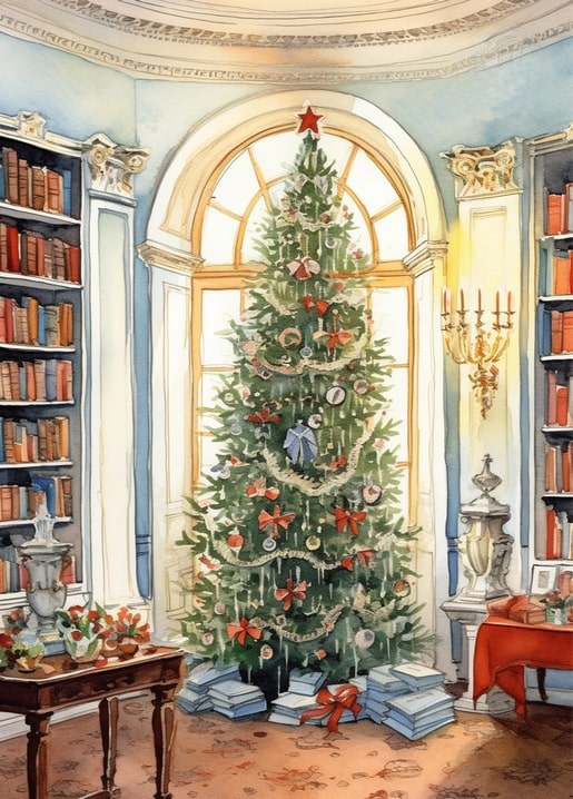 Aquarell-Weihnachtsbaum im Bogenfenster einer Bibliothek mit Bücherregalen und Kerzenlicht