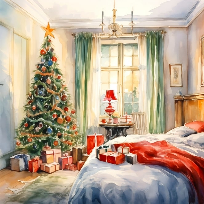 Weihnachtsbaum, rote Lampe und Bett mit roter Decke in einem gemütlichen Schlafzimmer, Geschenke daneben.