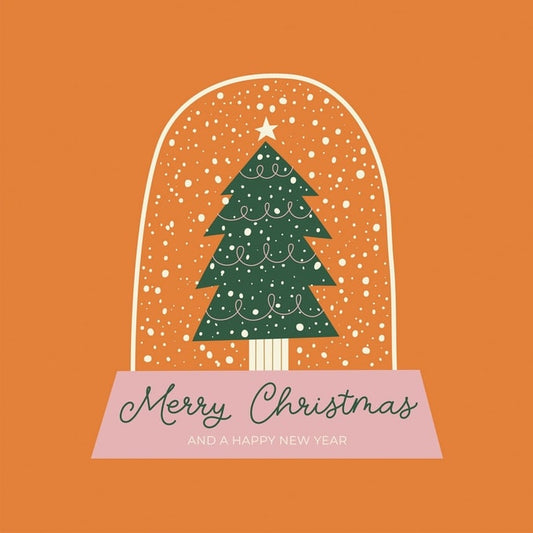 Green Christmas tree with lights and star inside a snow globe on an orange background