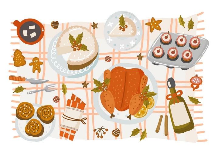 Illustriertes Weihnachtsessen mit Truthahn, Festtagstorte, Cupcakes und Zimtschnecken auf karierter Decke
