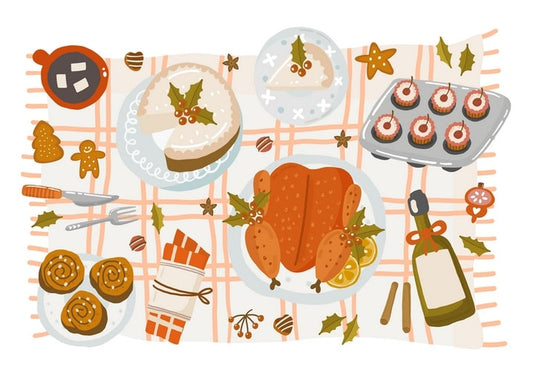 Illustrated Christmas dinner with roast turkey, holiday cake, cupcakes and cinnamon rolls on a checkered cloth