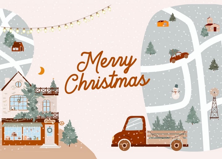Illustriertes Weihnachtsdorf mit Bäckerei, Lieferwagen, Schneemann und Windmühle