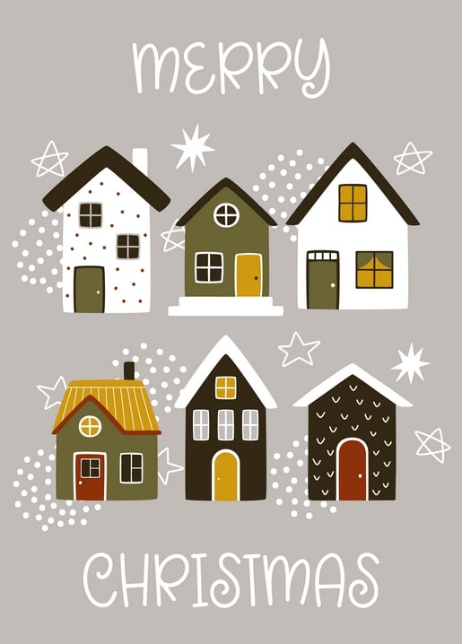 Row of six illustrated Christmas houses with snow, stars, and a Merry Christmas greeting
