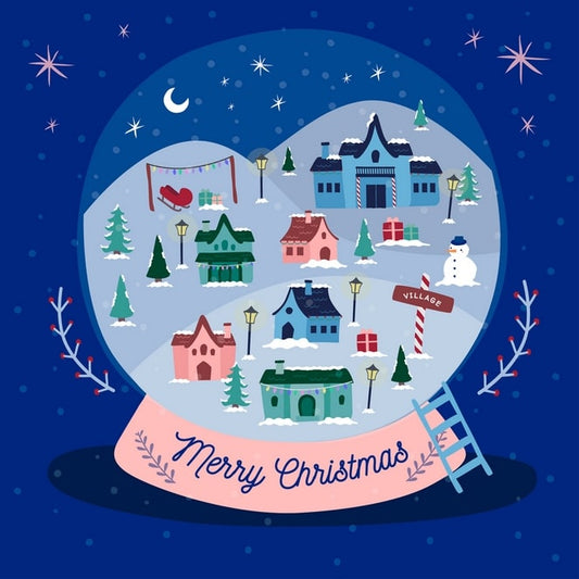 Pastel Christmas village inside a snow globe with a snowman and sled