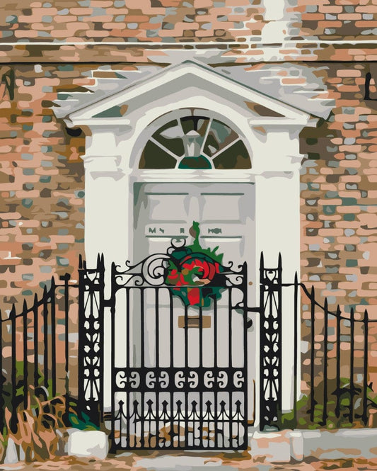 Illustration of a red wreath on a white paneled door behind a black wrought-iron gate