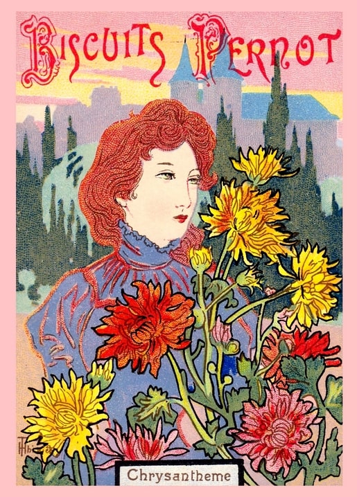 Vintage postcard of a red-haired woman with yellow and red chrysanthemums against a city skyline